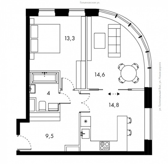 Двухкомнатная квартира 56.2 м²