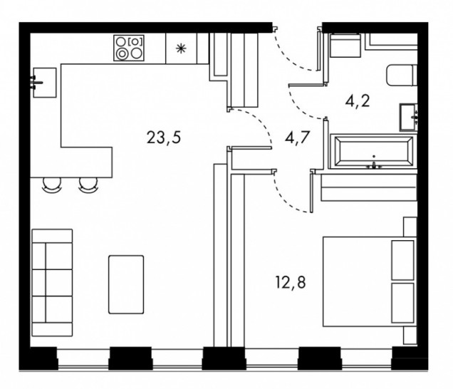 Однокомнатная квартира 45.2 м²