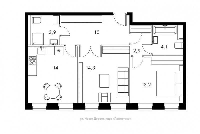 Двухкомнатная квартира 61.4 м²