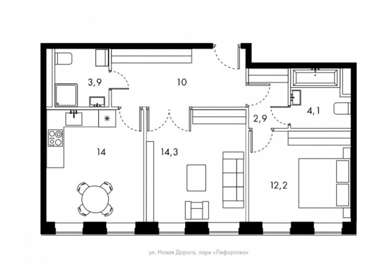 Двухкомнатная квартира 61.4 м²
