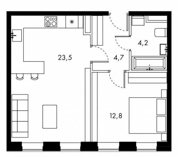 Однокомнатная квартира 45.2 м²