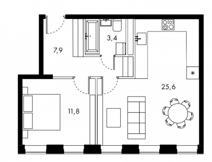 Однокомнатная квартира 48.7 м²