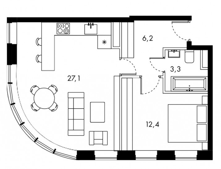 Однокомнатная квартира 49 м²