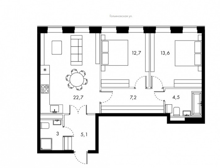 Двухкомнатная квартира 68.8 м²