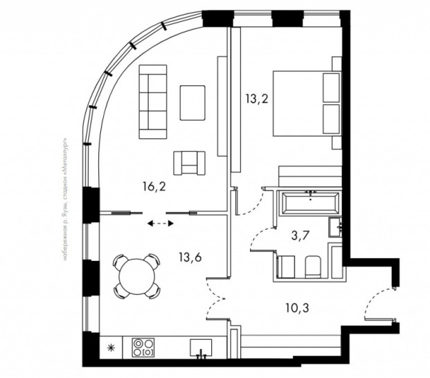 Двухкомнатная квартира 57 м²
