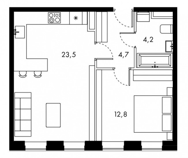 Однокомнатная квартира 45.2 м²