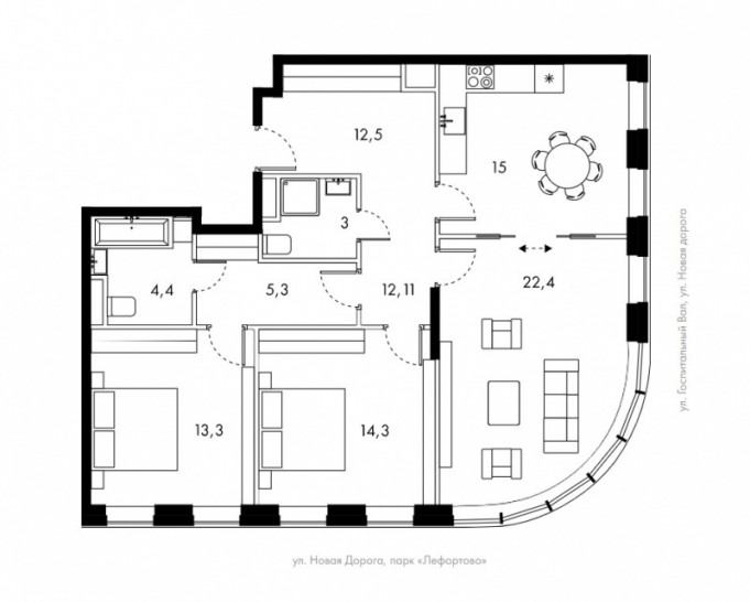 Трёхкомнатная квартира 90.5 м²