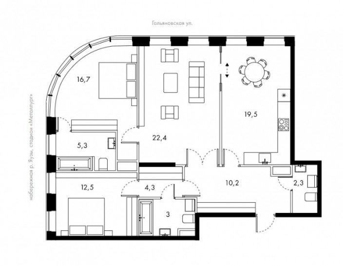 Трёхкомнатная квартира 96.5 м²